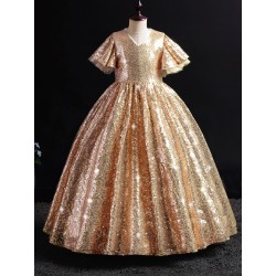 Gold Sequins Bell Sleeve Sparkly Dress
