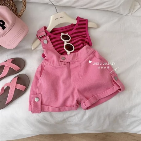 Hotpink Stripe Top Set Pink Overalls