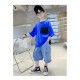 Blue Black Top Set Cargo Denim Pants