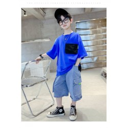 Blue Black Top Set Cargo Denim Pants