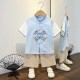 Light Blue White Boy Cheongsam Set Cream Pants