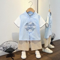 Light Blue White Boy Cheongsam Set Cream Pants