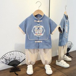 Light Blue Boy Cheongsam Set Cream 3/4 Pants