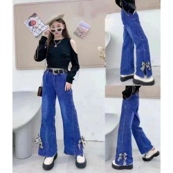 Blue Pearl White Flower Ribbon Jeans