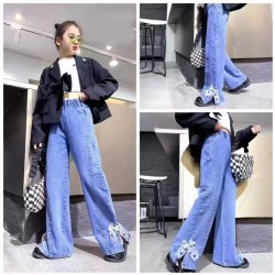 Light Blue Pearl White Polka Ribbon Jeans