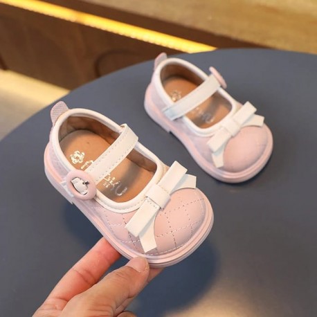 Pink White Ribbon Leather Shoes