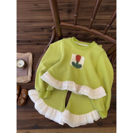 Green Flower Ruffle Top Set Pants