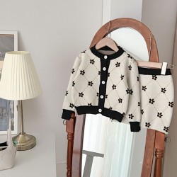 Cream Black Floral Knitted Top Set Skirt