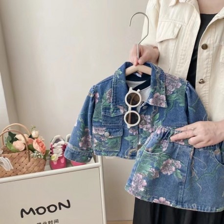 Blue Floral Denim Jacket Set Denim Skirt