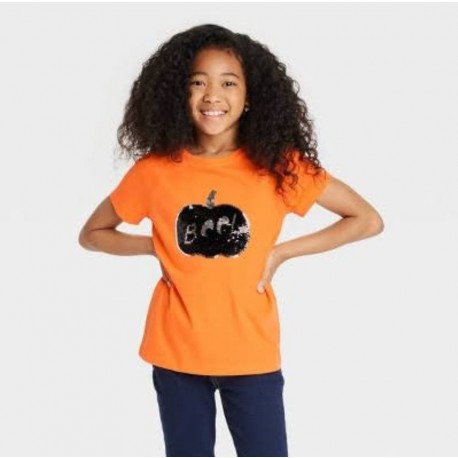 Cat&J@ck Orange Pumpkin Flip Sequins Top