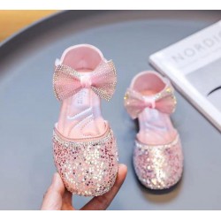 Pink Sparkles Ankle Double Ribbon Straps Shoes