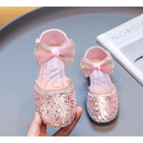 Pink Sparkles Ankle Double Ribbon Straps Shoes