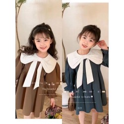 Teal Big Ribbon White Collar Dress