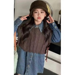2in1 Denim Dress Set Brown Knitted Outer