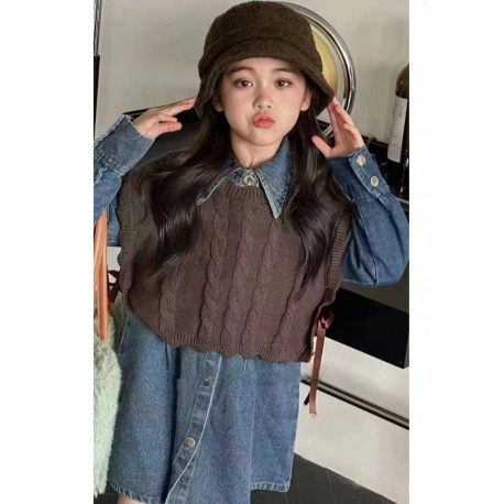 2in1 Denim Dress Set Brown Knitted Outer