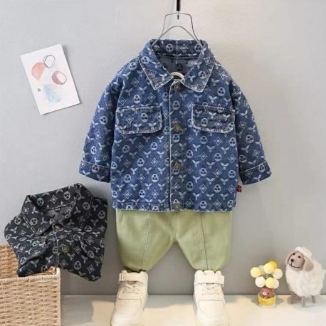 Blue Denim Patterned Top Set Pants