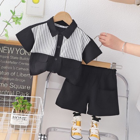 Black Stripe Pocket Shirt Set Pants