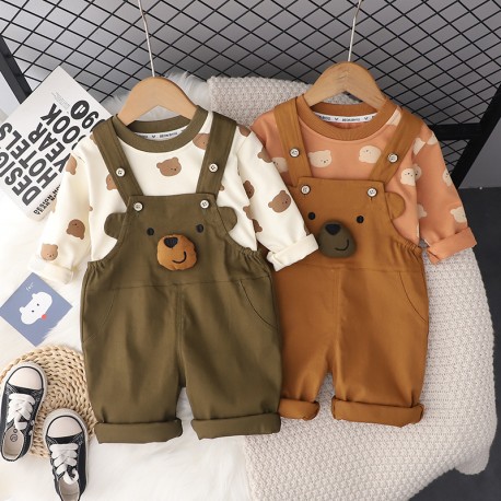 2in1 Orange Bear Face Set Overalls