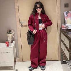 Red Zipper Jacket Set Oversized Pants