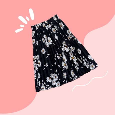 Black Floral Pleated Skirt