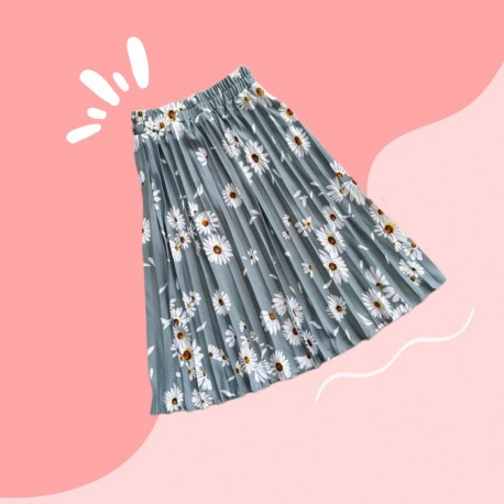 Grey Floral Pleated Skirt
