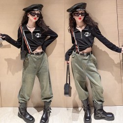 Black Zipper Top Set Denim Pants