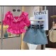 Fucshia Ruffle Top Set Denim Skirt