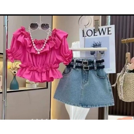 Fucshia Ruffle Top Set Denim Skirt