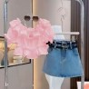 Pink Ruffle Top Set Denim Skirt