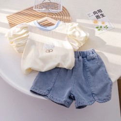 Cream Blue Puffy Top Set Denim Short Pants