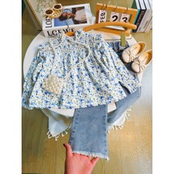 Blue Floral Smocked Top Set Denim Pants