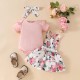 3in1 Pink Ruffle Jumper Floral Overalls +Headband