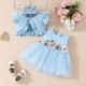3in1 Blue Ruffle Outer Flowers Dress +Headband