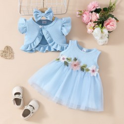 3in1 Blue Ruffle Outer Flowers Dress +Headband