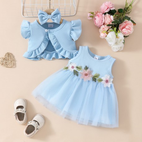 3in1 Blue Ruffle Outer Flowers Dress +Headband