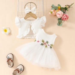 3in1 White Ruffle Outer Flowers Dress +Headband