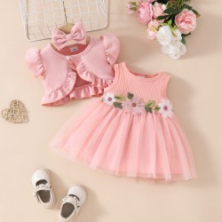 3in1 Pink Ruffle Outer Flowers Dress +Headband