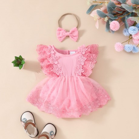 Pink Lace Baby Jumper Dress +Headband