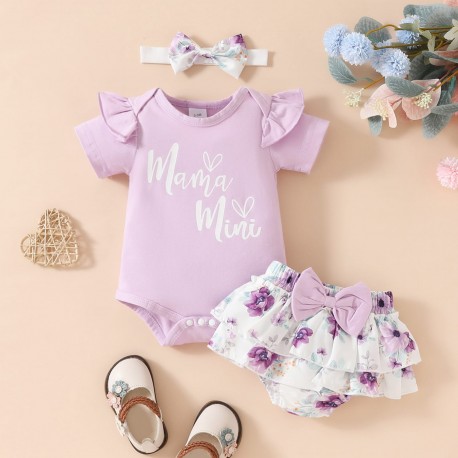 3in1 Purple Ruffle Jumper Floral Skort +Headband