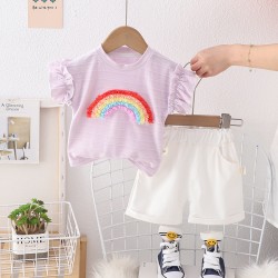 Purple Rainbow Ruffle Top Set White Shorts