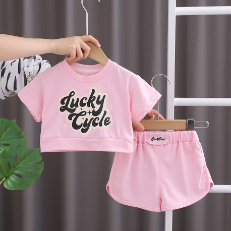 Pink Lucky Cycle Crop Top Set Shorts