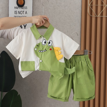 White Dino Shirt Set Green Pants