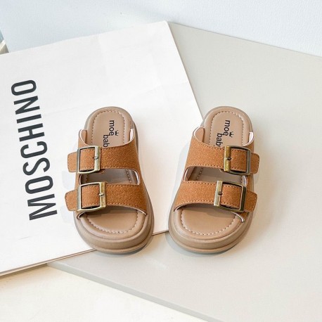 Brown Double Straps Suede Sandals