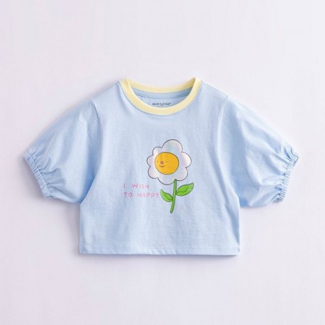 Blue Flower Puffy Sleeve Crop Top