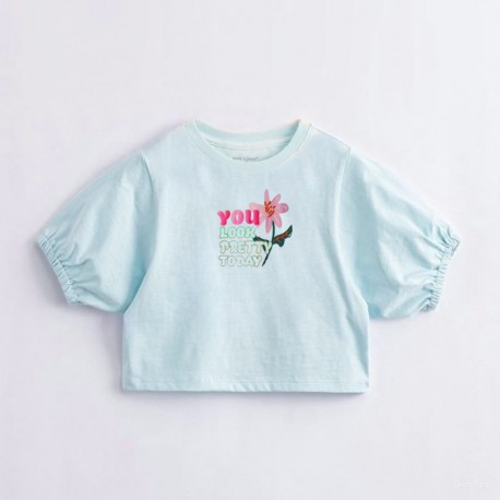 Light Blue Pretty Puffy Sleeve Crop Top