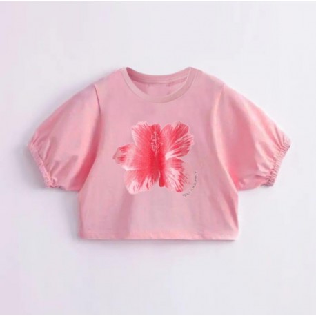 Pink Hibiscus Puffy Sleeve Crop Top