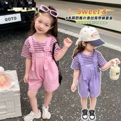 Pink Stripe Top Set Overalls