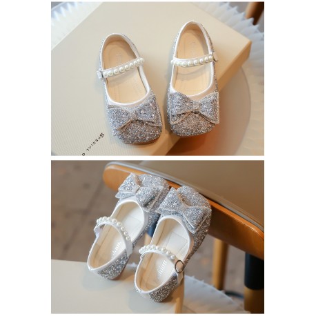 Silver Sparkle Double Ribbon Pearl Shoes