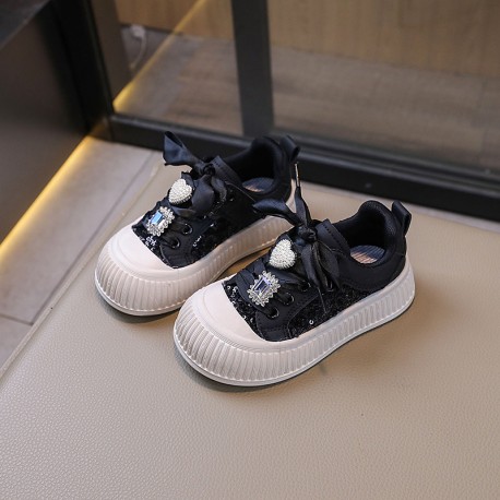 White Black Sequins Pearl Shoes