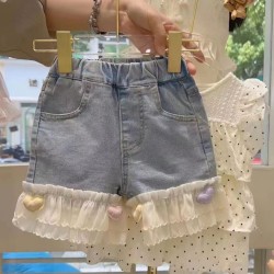 Pastel Hearts Ruffle Denim Shorts